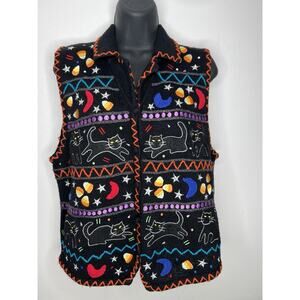 Studio BOO! Sweater Vest Embroidered Black Cat Fall Button Women’s Size Medium